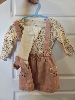 Carter's Pink Corduroy Suspender Skirt with Floral Top and Cream Tights Size 6m